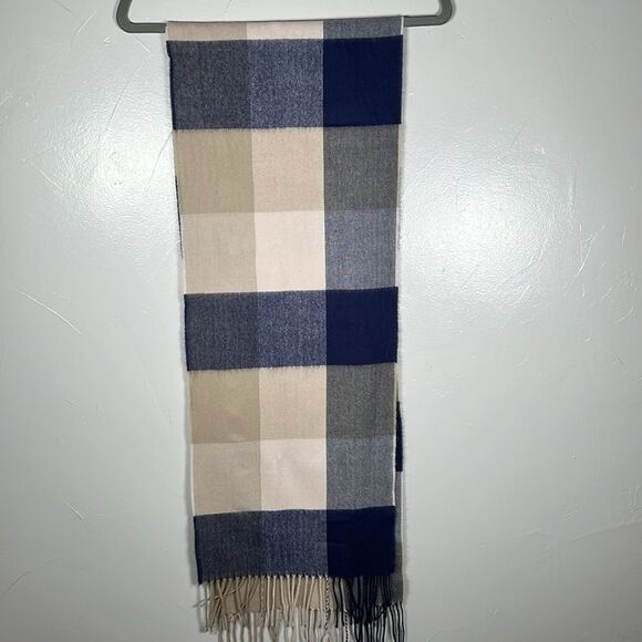 Cashmere Scarf Made in Germany Blue Cream Tan with Fringe - Picture 6 of 12